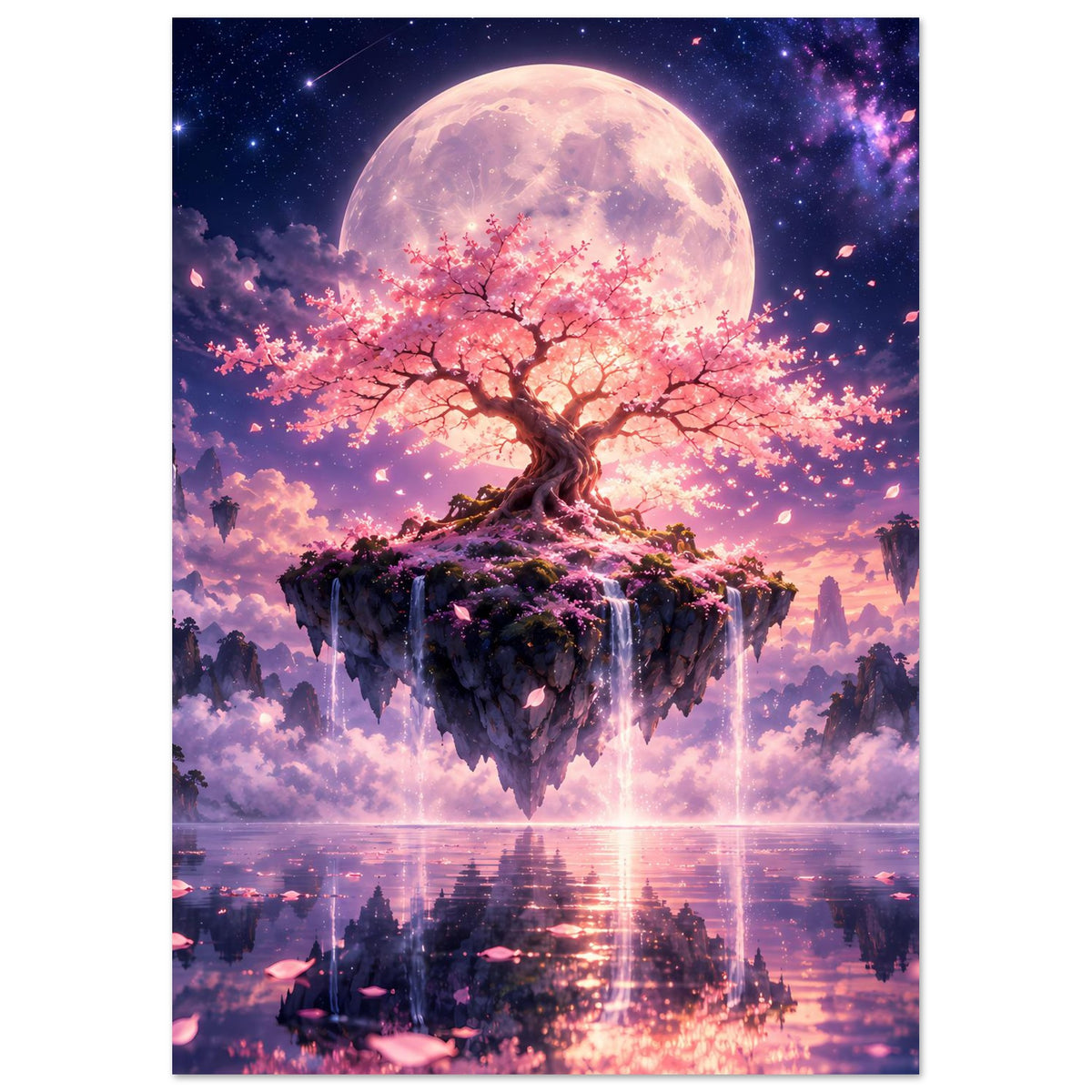 Kirschblütenbaum-Poster Hochformat: schwebende Felsinsel, rosafarbener Baum, Vollmond