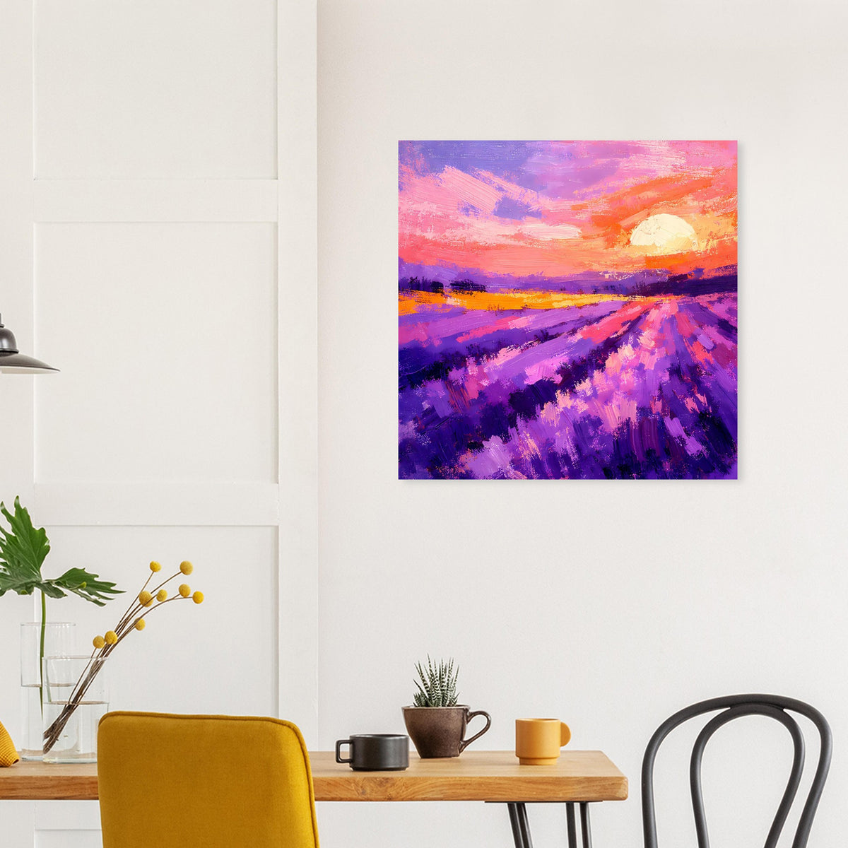 Poster im Rahmen mit Lavendelfeld-Perspektive und orangefarbenem Himmel