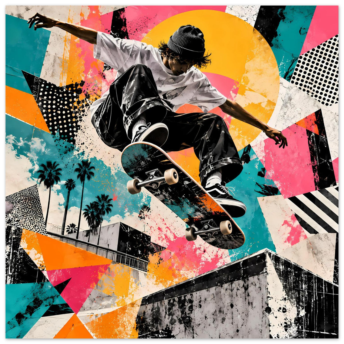 Street-Art-Poster: Skateboarder in Schwarzweiß beim Sprung, Neon-Graffiti und Formen im Hintergrund