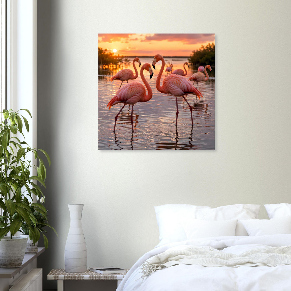 Quadratisches Wandposter mit Flamingos, Sonnenuntergangshimmel über dem Wasser