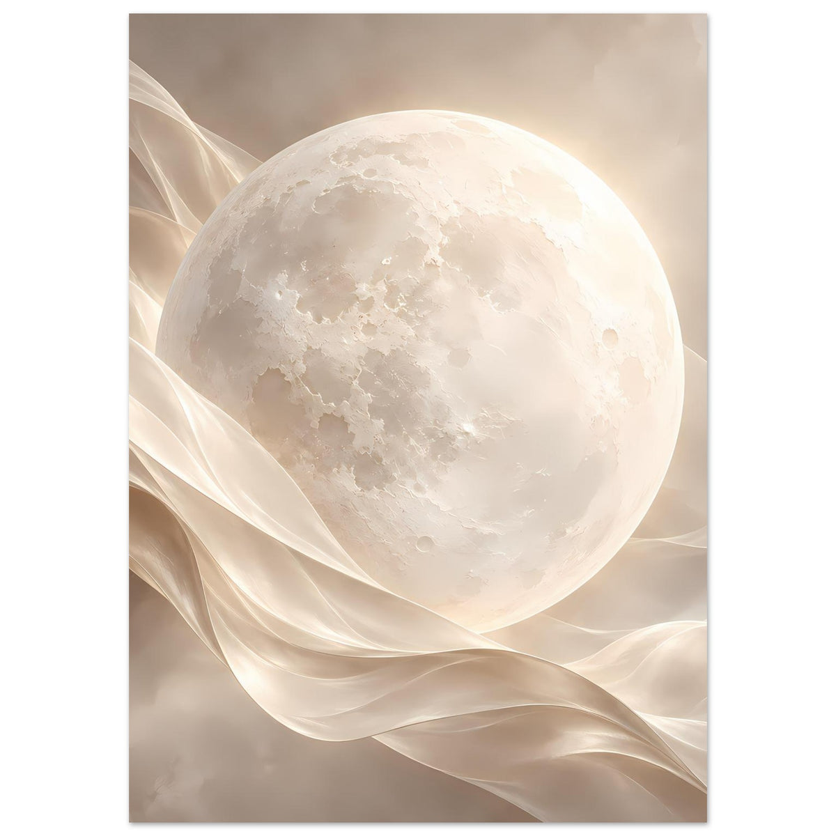 Poster im Hochformat mit hellem Mond und zarten, durchscheinenden Stoffschwüngen