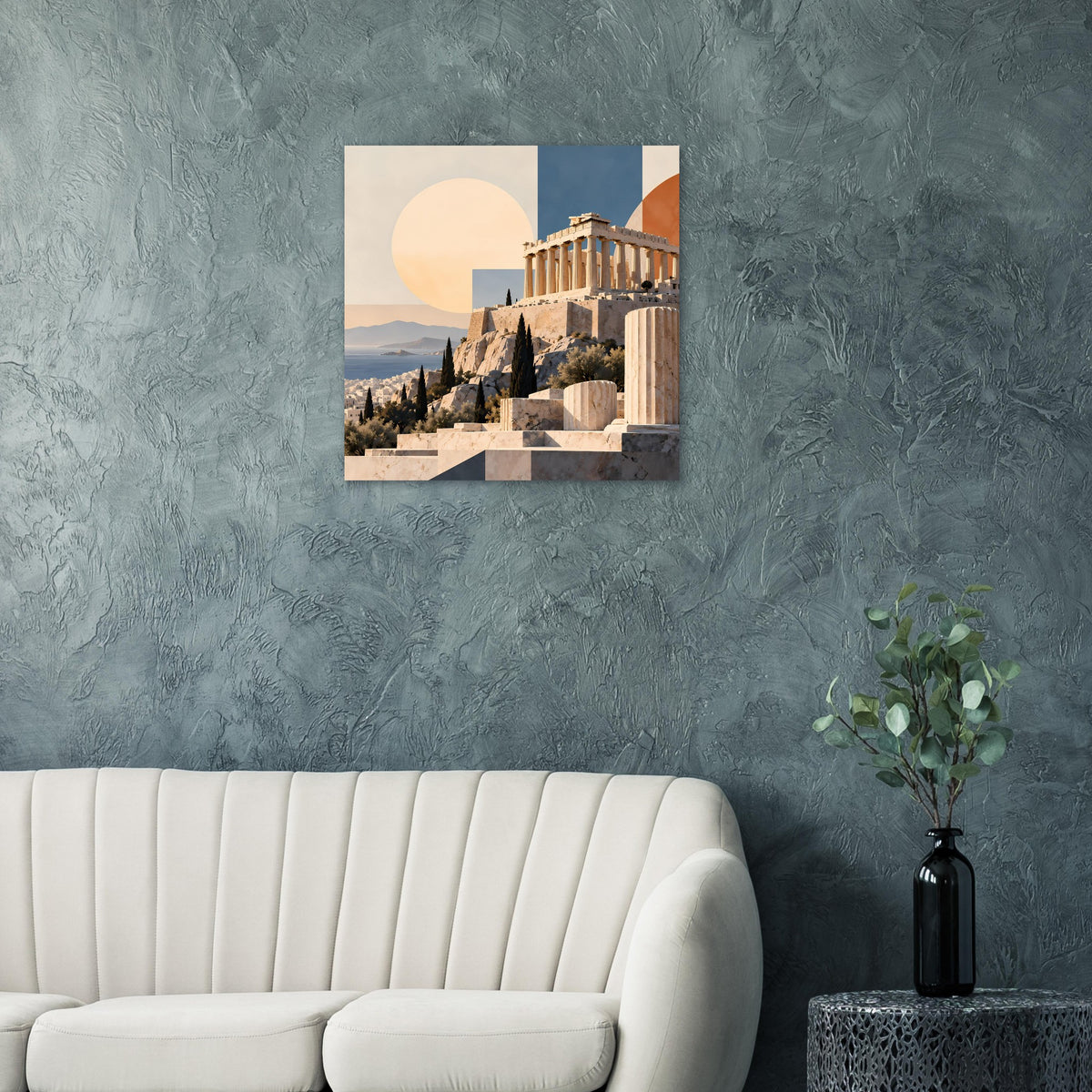 Quadratisches Poster mit Parthenon in warmen Erdtönen, Halbkreis-Sonne