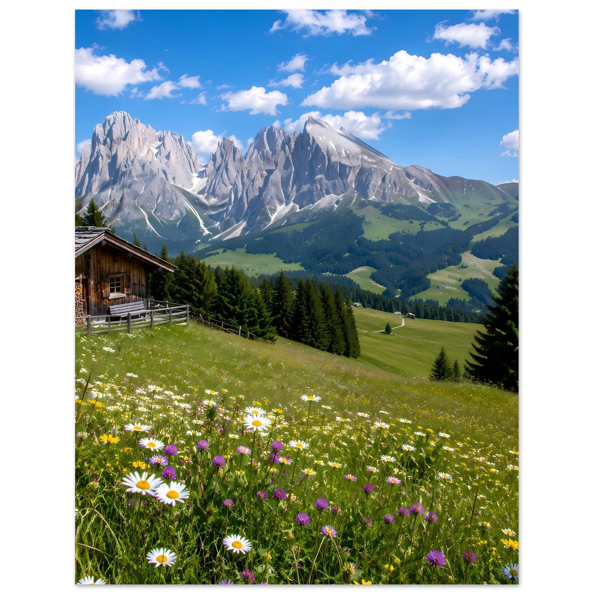 Alpenpanorama-Poster (hochkant) mit Blumenwiese, Holzhaus, Tannen und Bergkette