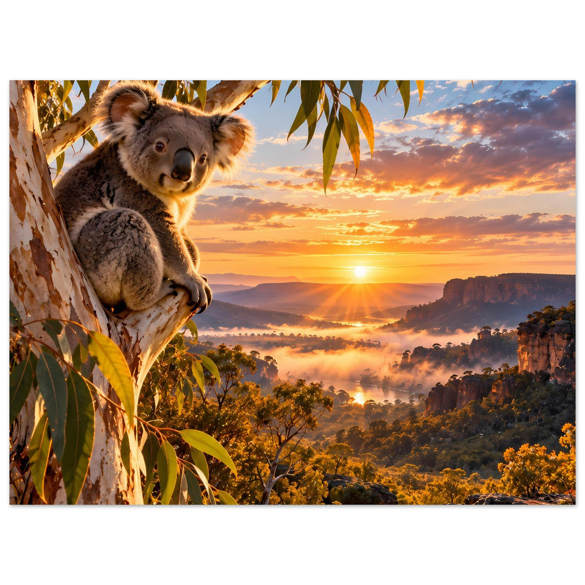 Wandposter im Querformat: Koala und Blätter im Vordergrund, Sonne am Horizont