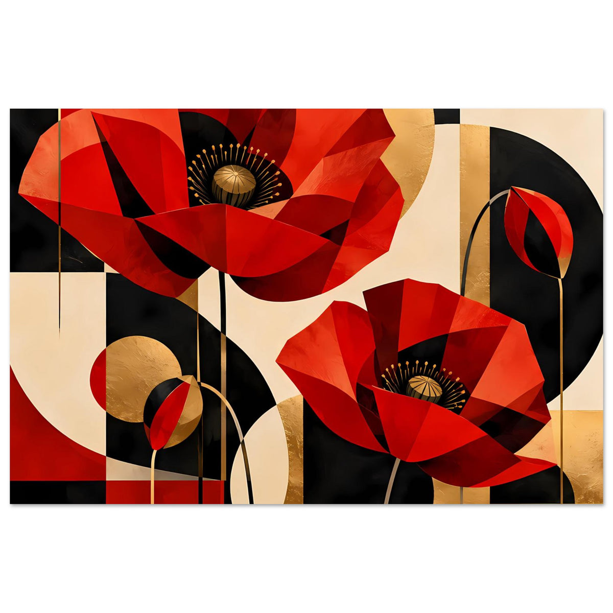 Abstraktes Kunstposter mit roten Mohnblumen, goldfarbenen Details und schwarzen Bogenformen