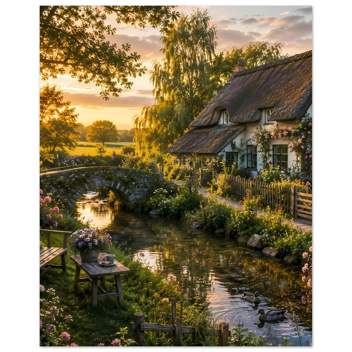 Poster: Reetdachhaus am Bach, Steinbrücke und Blumen im Vordergrund, Enten