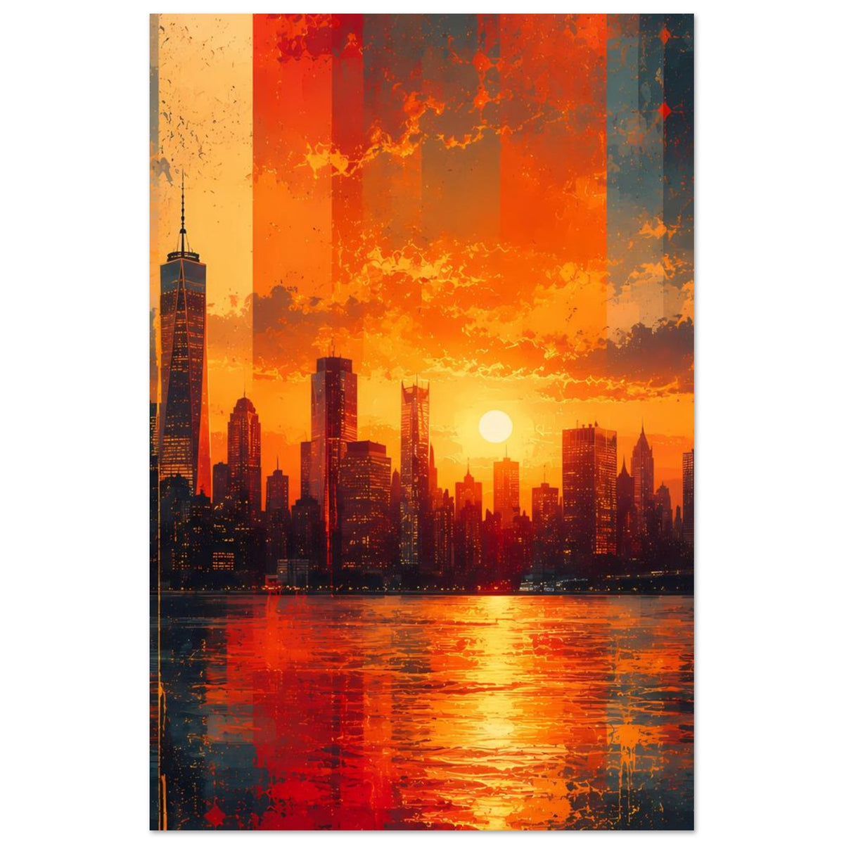 Stadtpanorama-Poster mit orange-rotem Sonnenuntergang, Skyline und spiegelndem Fluss