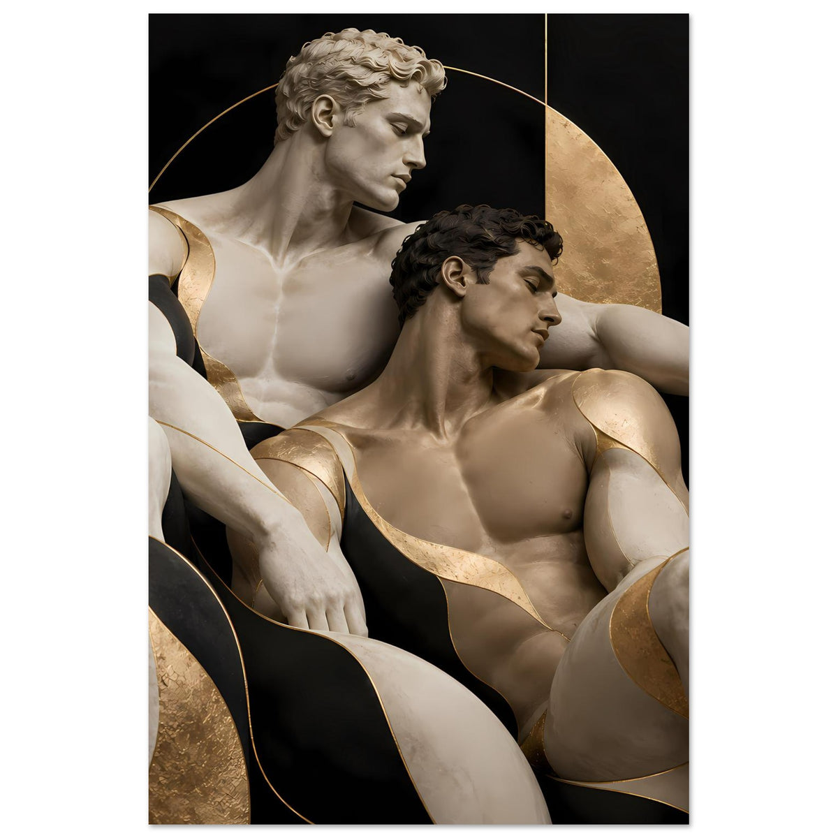Wandposter mit goldenen Rundformen und Aktmotiv, zwei Figuren von der Seite