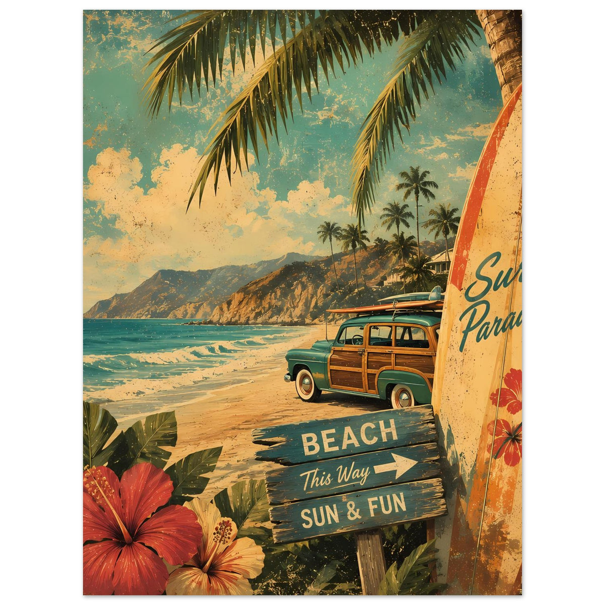 Strandposter im Vintage-Look mit Surfbrett, Palmen, Van und „BEACH / SUN & FUN“.