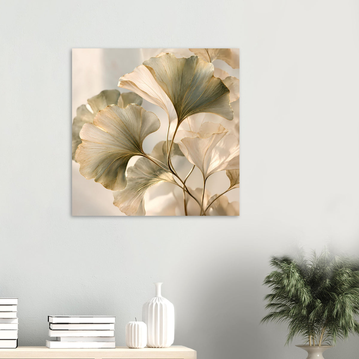 Botanisches Blätterposter, klein gerahmt: cremefarbene Blätter mit goldenen Konturen