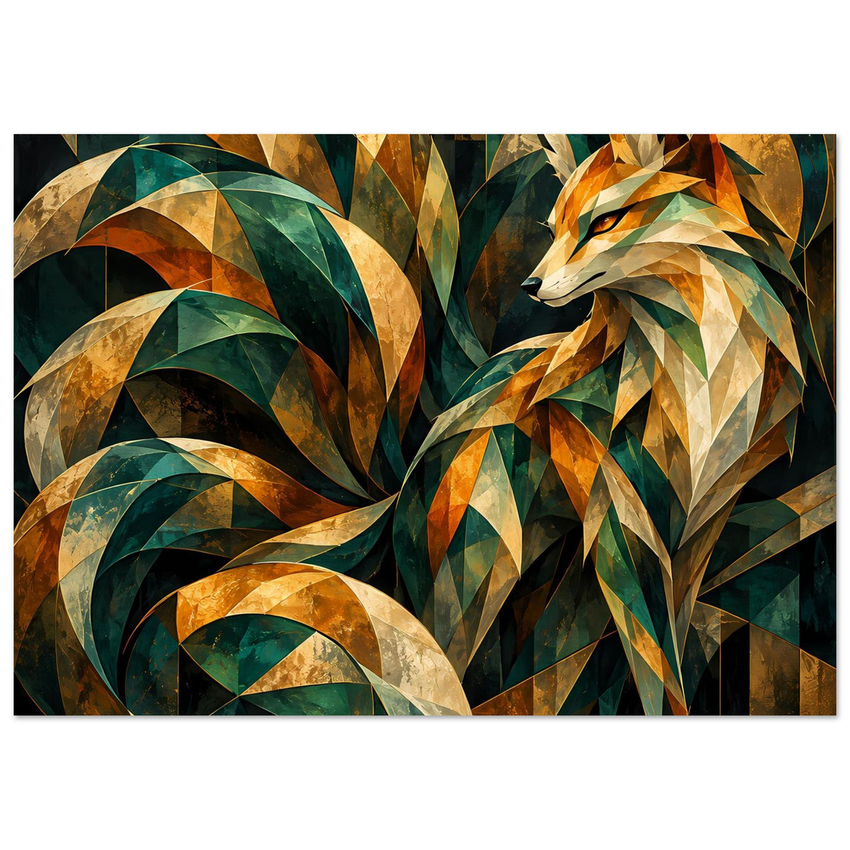 Kunstposter mit Fuchs und flächiger Geometrie in Smaragd-, Gold- und Cremetönen