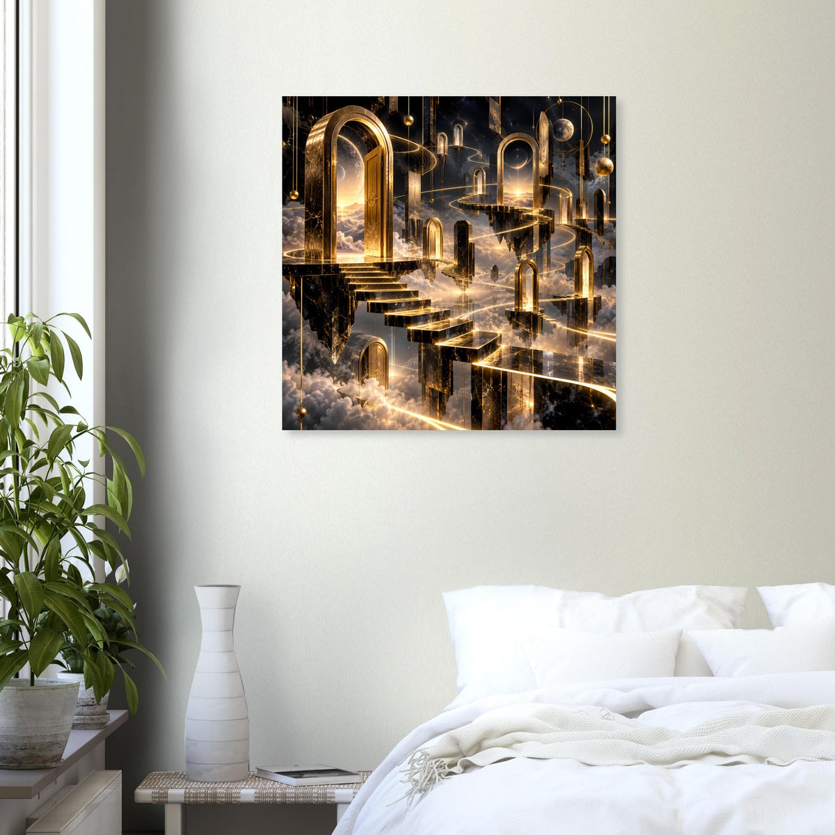 Poster mit gold-schwarzem Architekturmotiv, Bögen, Treppe und goldenen Lichtlinien