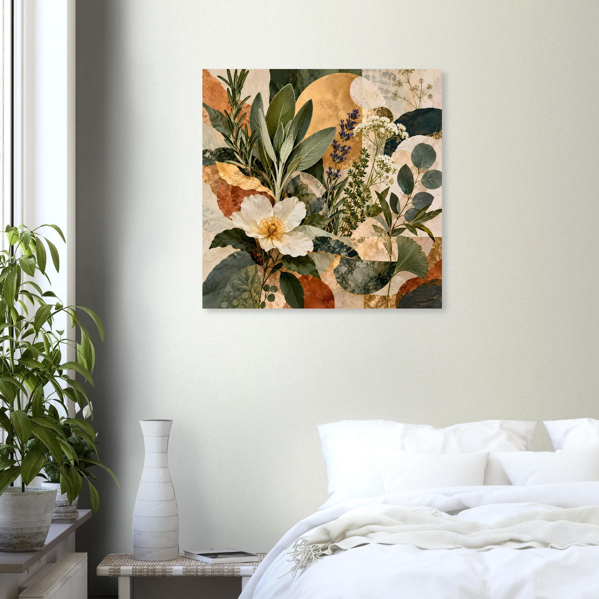 Botanisches Poster mit Blumenstrauß-Illustration und grünen Blättern, quadratisch