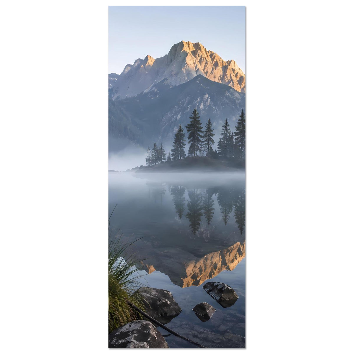 Hochformat-Poster: Bergsee bei Nebel, reflektierte Gipfel und Tannen im Hintergrund