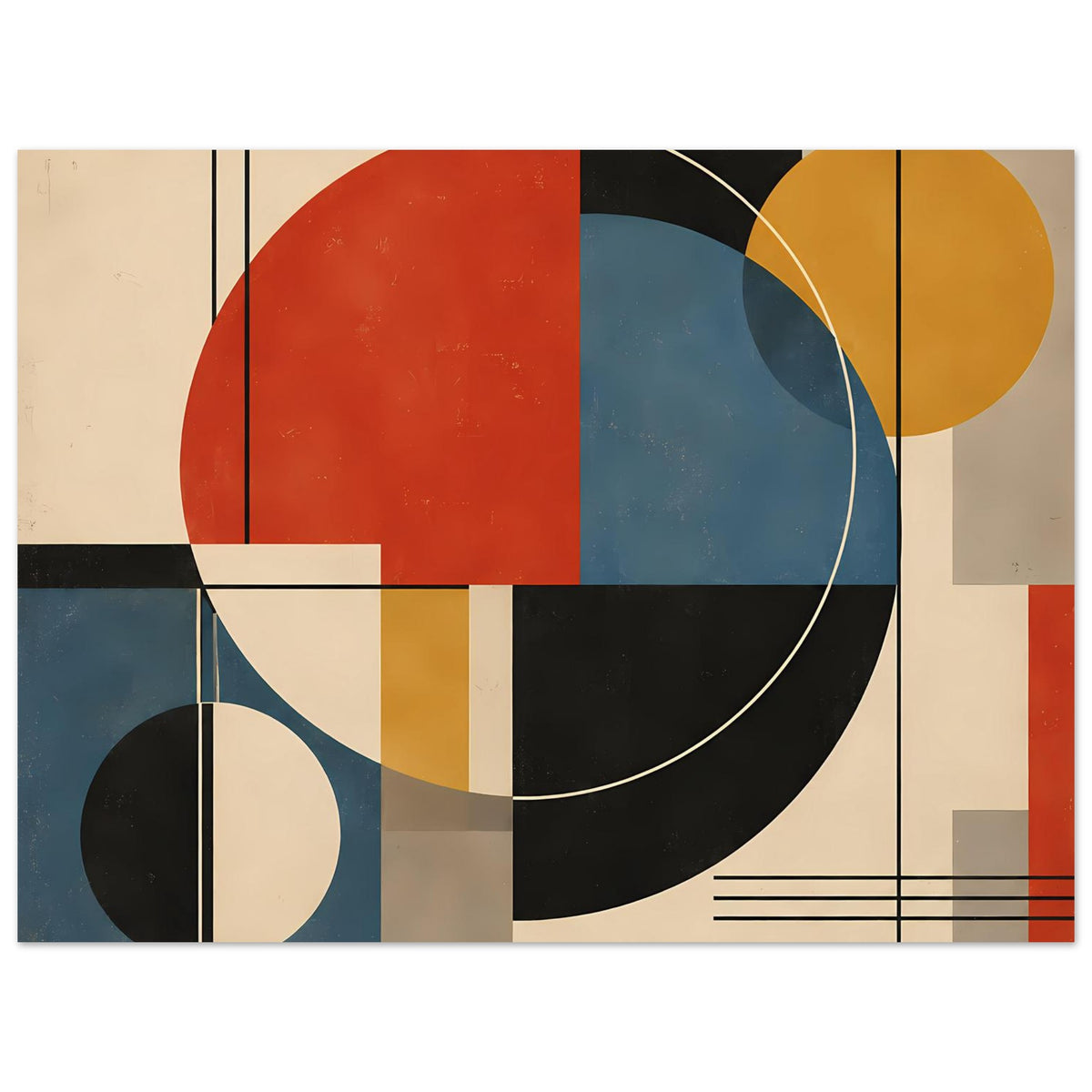 Abstrakter Posterprint mit großen Kreisen, horizontalen Linien und Streifen in Rot, Blau, Gelb