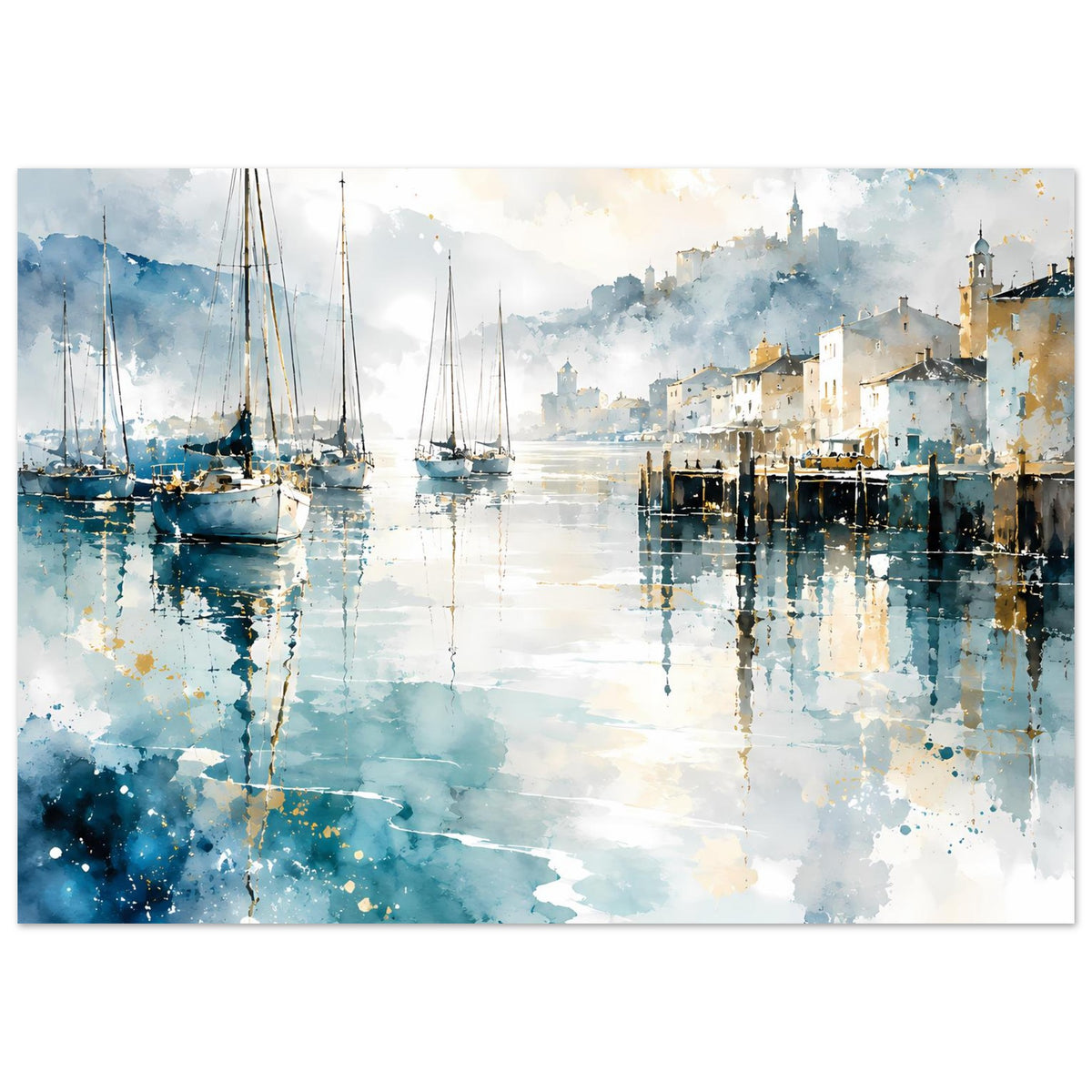 Hafen-Aquarellposter mit Segelbooten, Docks und spiegelndem Wasser in Blau