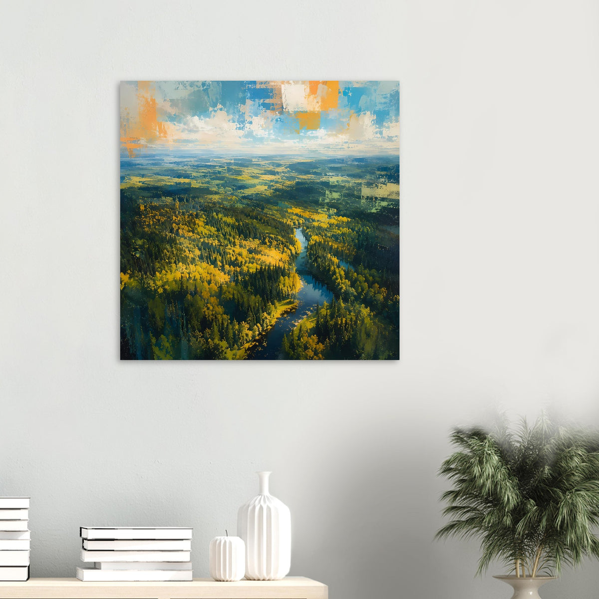 Quadratisches Poster mit Herbstwald und schlängelndem Fluss