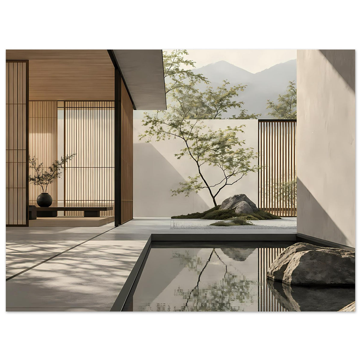 Minimalistische Zen-Wandkunst mit natürlichen und architektonischen Formen