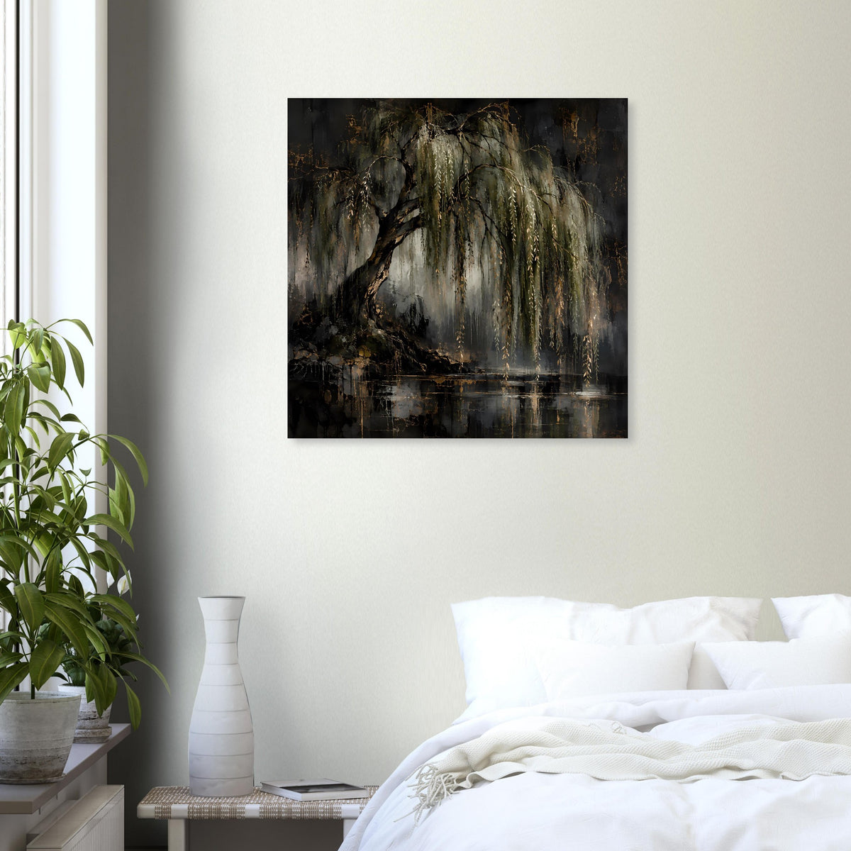 Naturposter mit Trauerweide, Wasserfläche und goldenen Lichtstrahlen