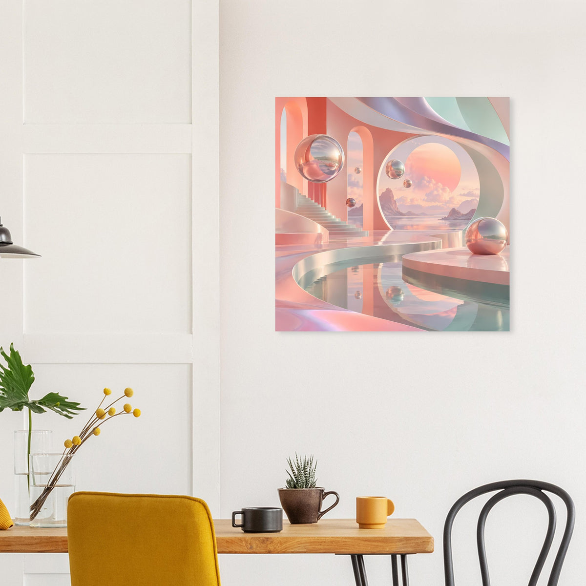 Quadratisches Kunstposter: Pastell-Landschaft mit spiegelnden Sphären und Rundarchitektur