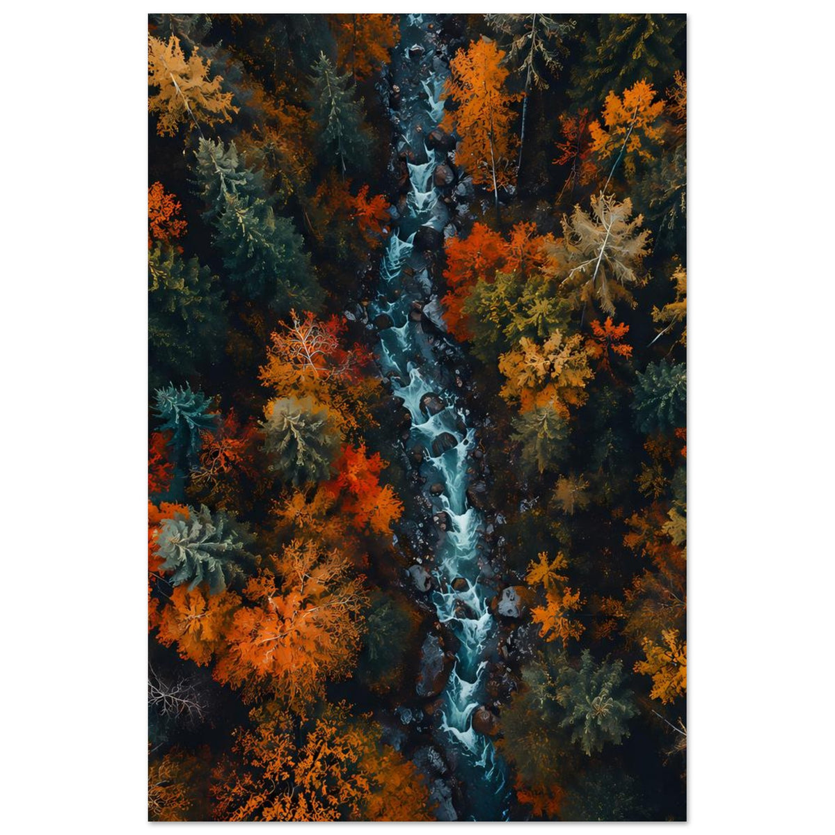 Herbstwald-Fluss Poster, vertikal: Fluss mit Strömungen zwischen bunten Laub- und Nadelbäumen