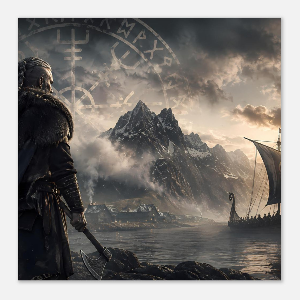 Wikingerkrieger-Poster mit Figur links, Runenkreis, Fjord, Langschiff und Berge