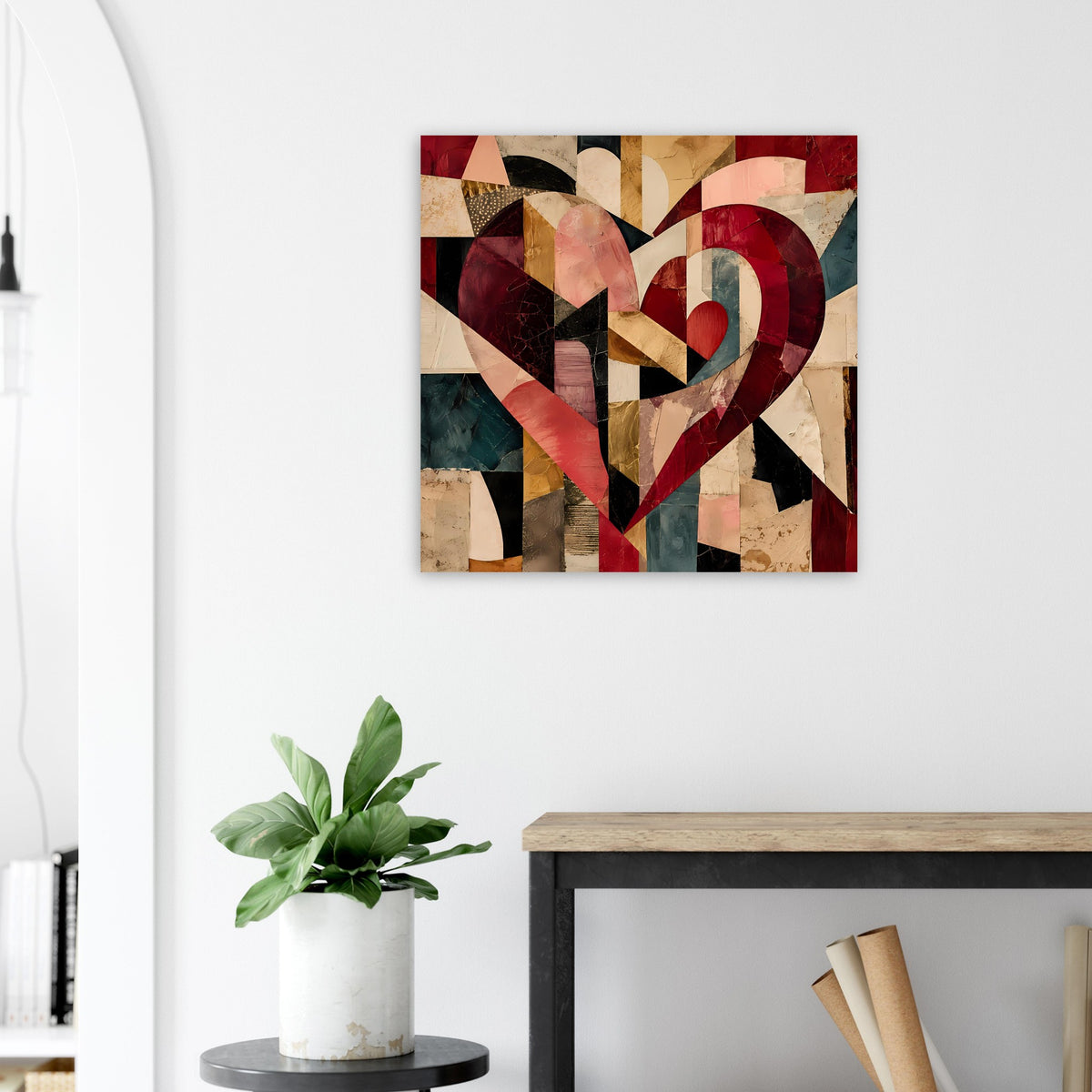 Quadratisches Poster mit Herz aus geometrischen Segmenten in Beige, Burgunder und Dunkelblau