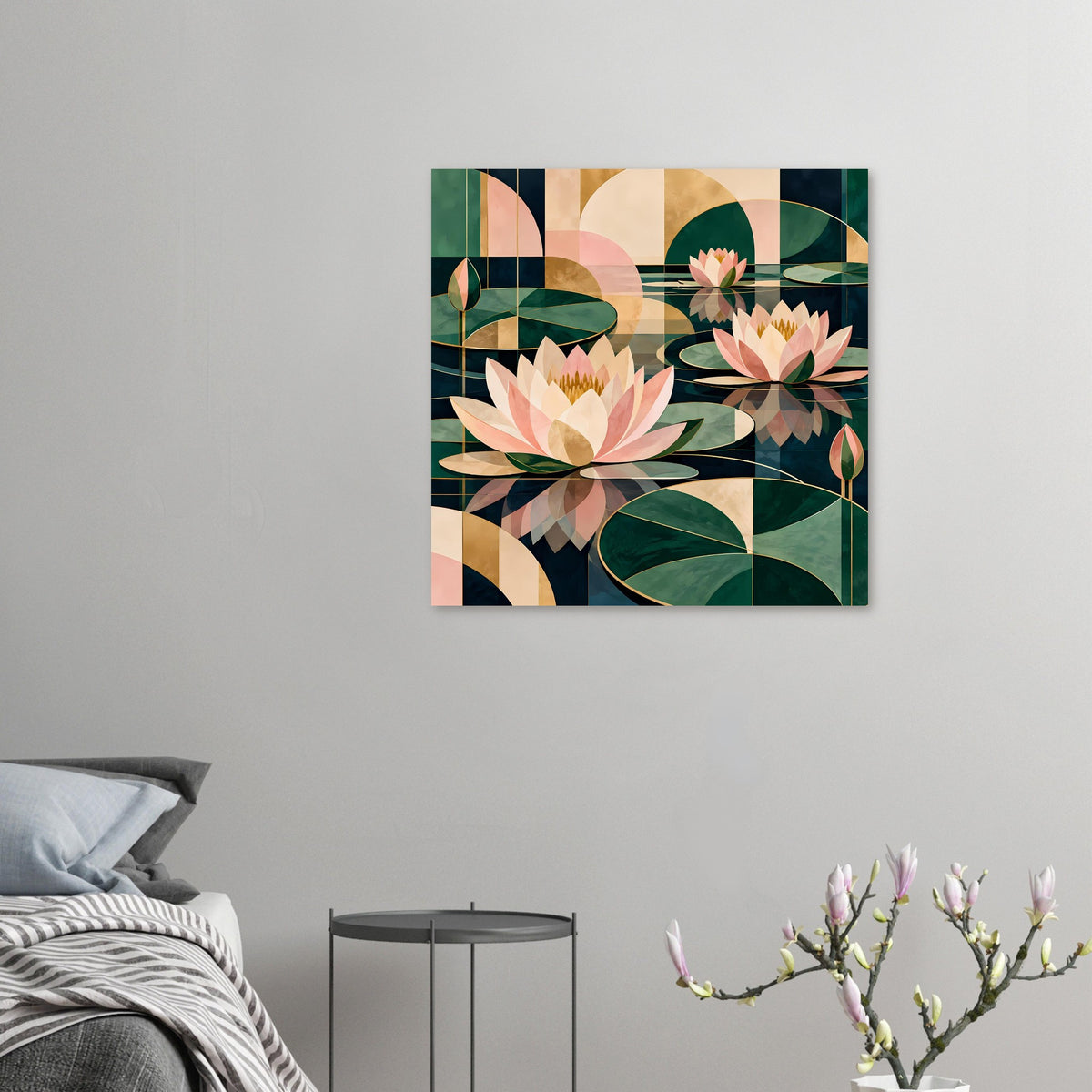 Kleines Lotus-Grafikposter mit Blüten und Blättern in Grün-, Rosa- und Cremetönen
