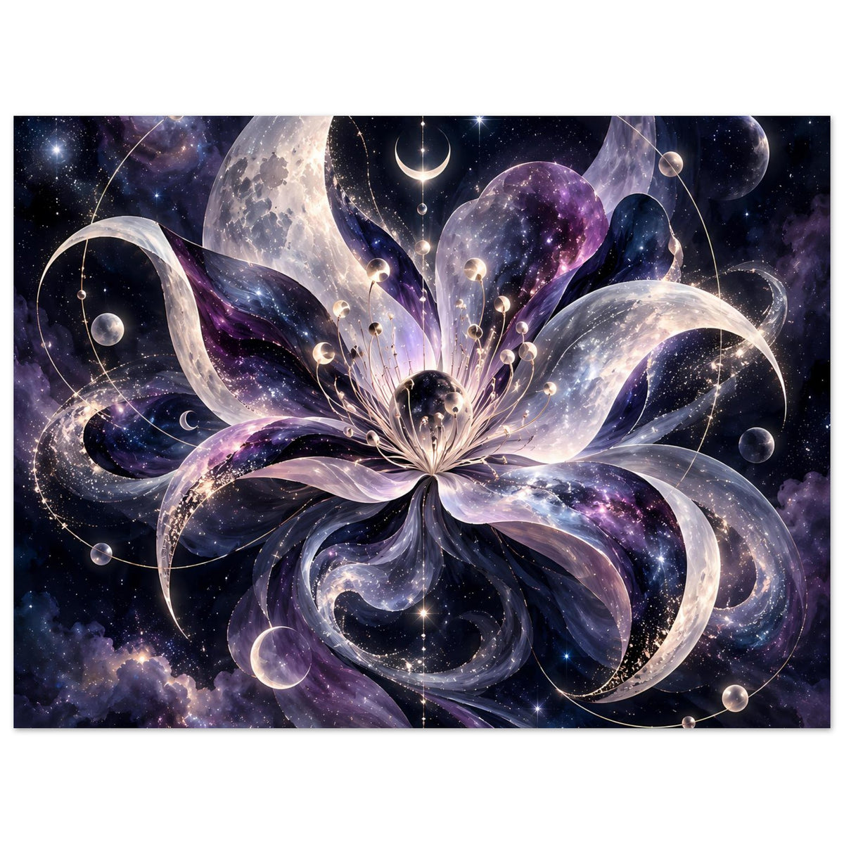 Kosmische Blüte mit Monden, Planeten und Sternen in violett-blauem Weltraum – Motivansicht 9