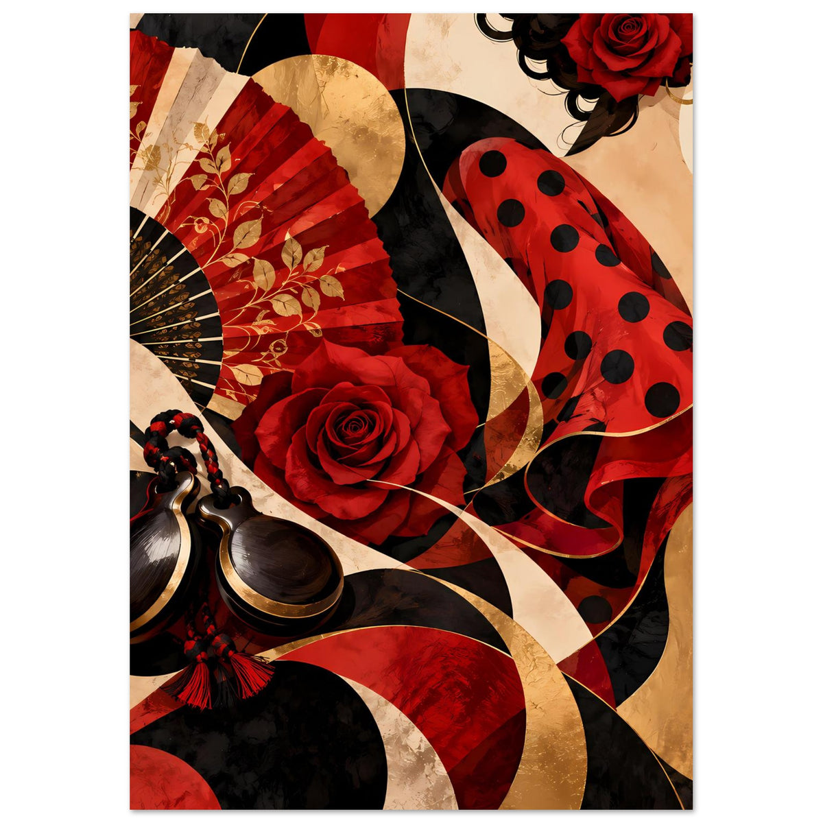 Flamenco-Poster: Fächer mit goldenen Linien, rote Rose, gepunktetes Kleid