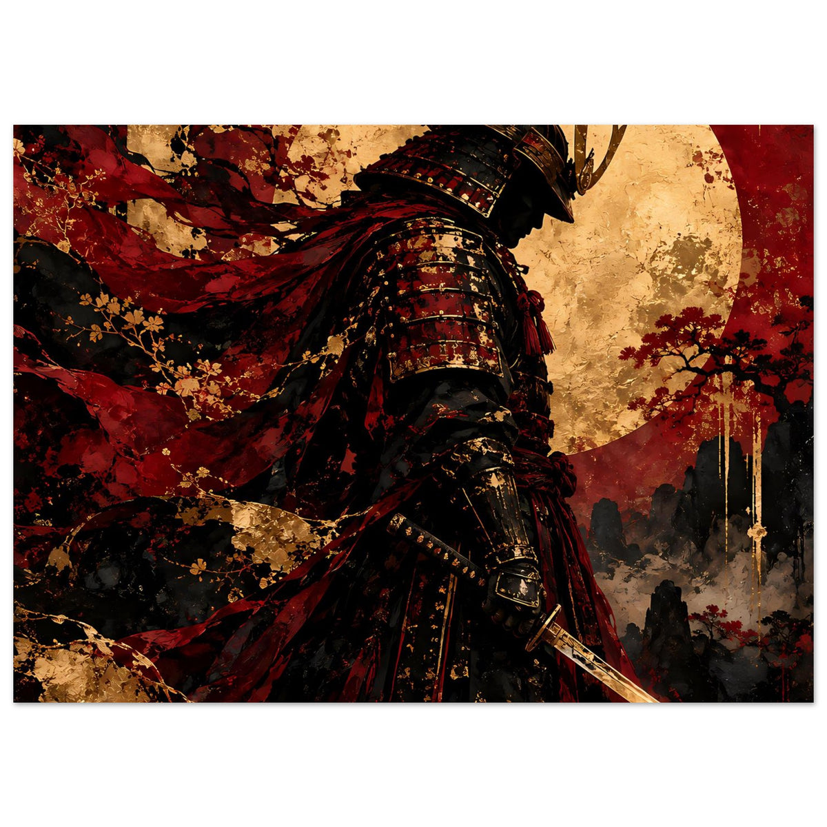 Japan-Poster mit Samurai-Krieger: dunkle Rüstung, roter Umhang, gold-beiges Lichtkreis-Hintergrundmotiv