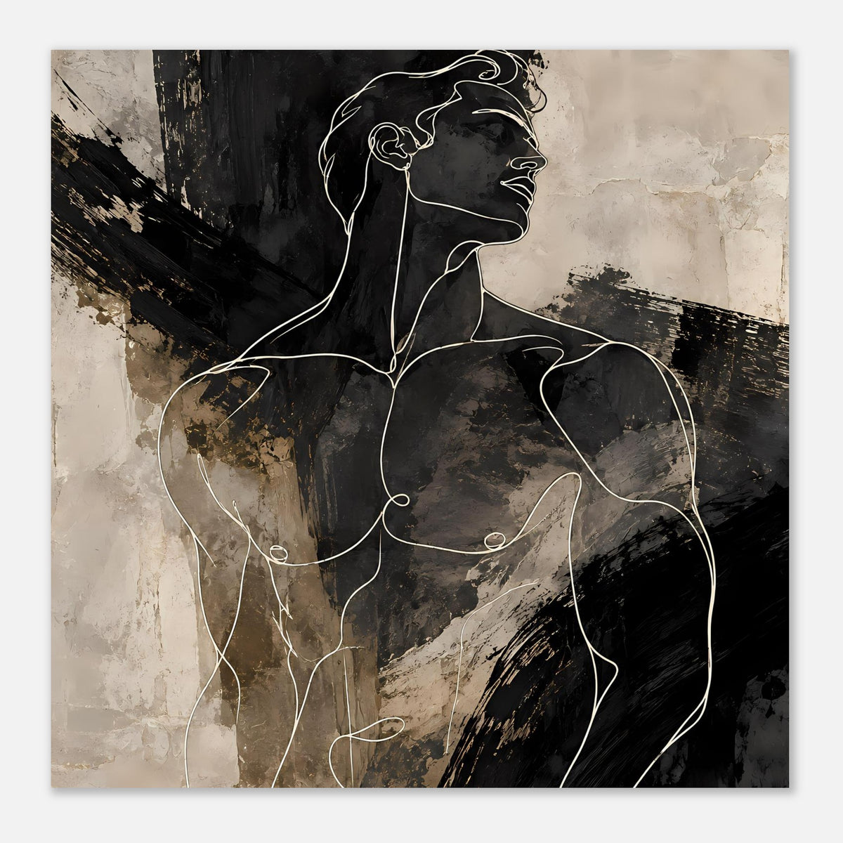 Poster: Linienportrait eines Mannes, schwarz auf Beige-Grau mit abstrakter Struktur