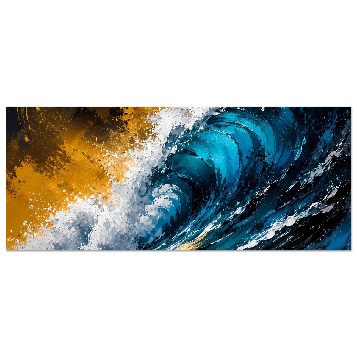 Horizontales Wellenposter: breite blaue Welle mit weißem Schaum und goldenen Sprenkeln