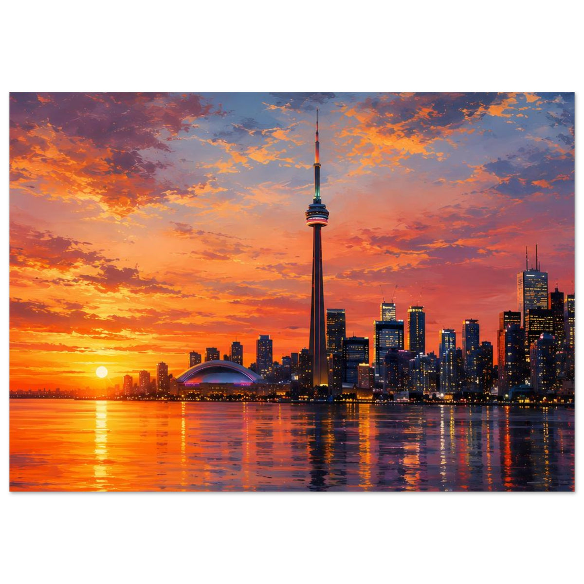 Poster mit Stadtansicht bei Sonnenuntergang, Fernsehturm mittig, Reflexion im Wasser