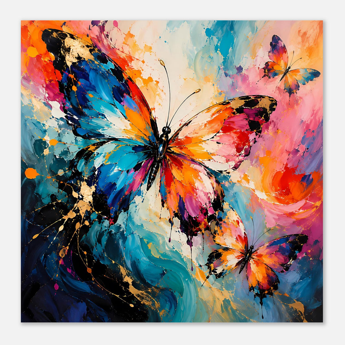 Schmetterlingsposter im Querformat mit großem buntem Schmetterling und Farbwirbeln