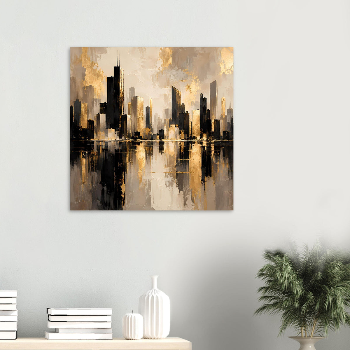 Poster mit abstraktem Stadtbild und Spiegelung in Gold- und Dunkeltönen