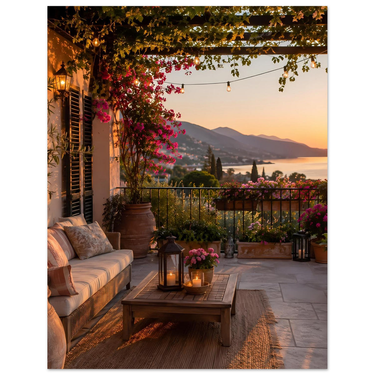 Kunstdruckposter mit Sonnenuntergang auf Balkonterrasse, Lichterkette, Laterne und Blumentöpfe