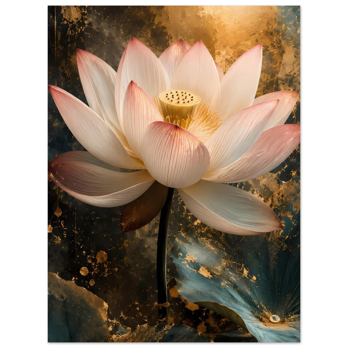 Poster mit Lotusblüte: weiße Blütenblätter, zarte rosa Akzente und goldfarbenes Herz
