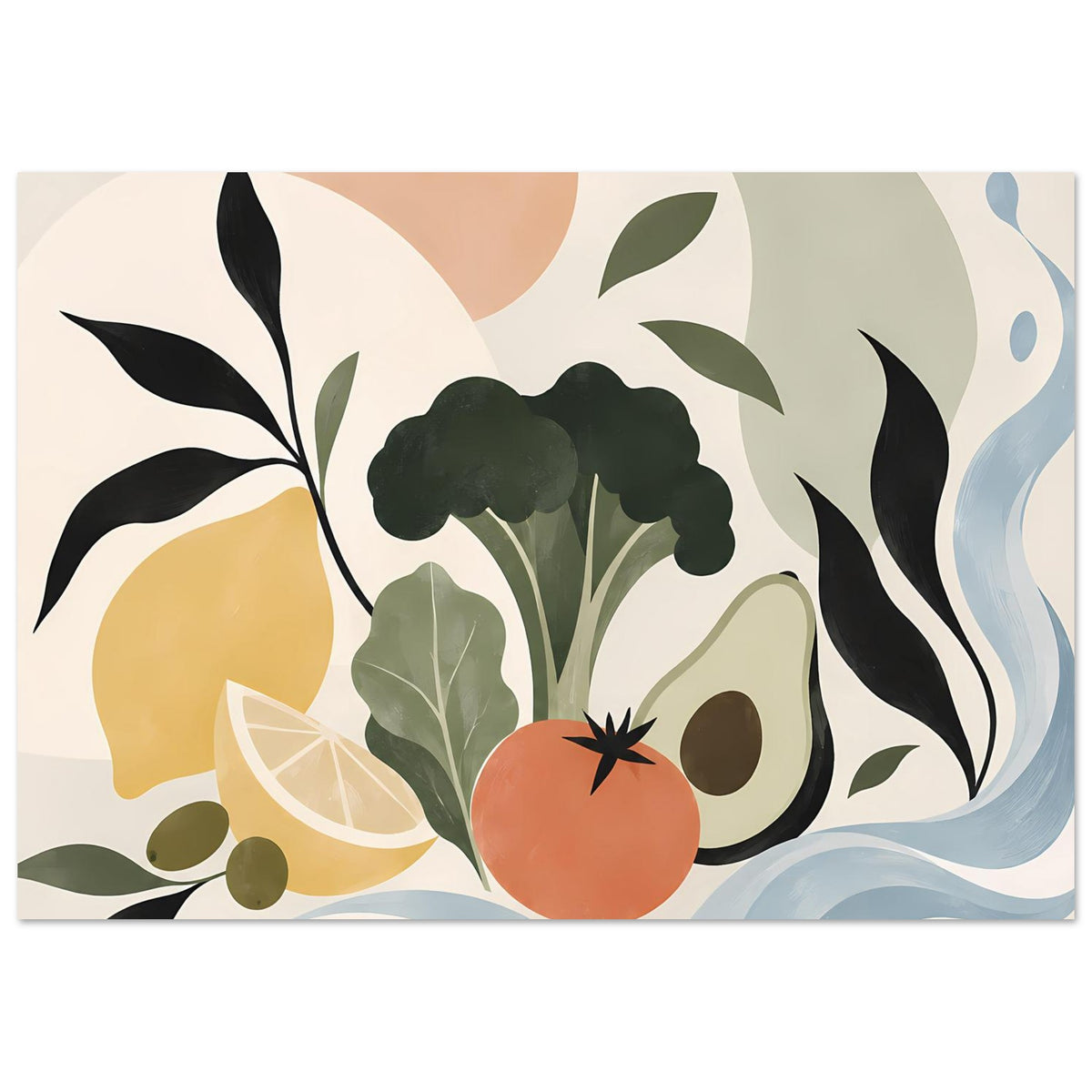 Querformat-Poster abstrakte Botanik mit dunklen Blättern, orange Frucht und blauen Wellen