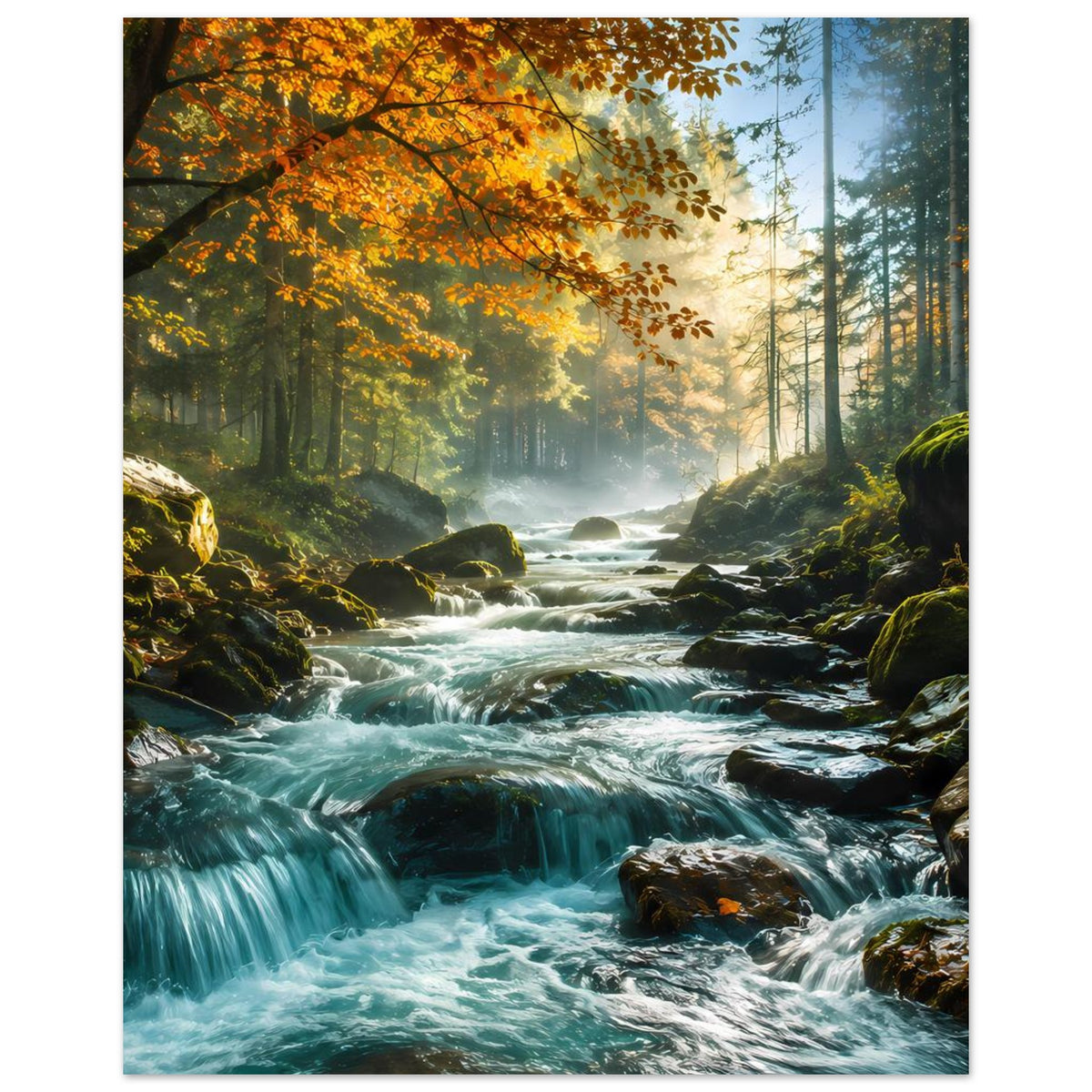 Poster mit Waldstrom, Sonnenlicht im Nadelwald und Felsen, Querformat