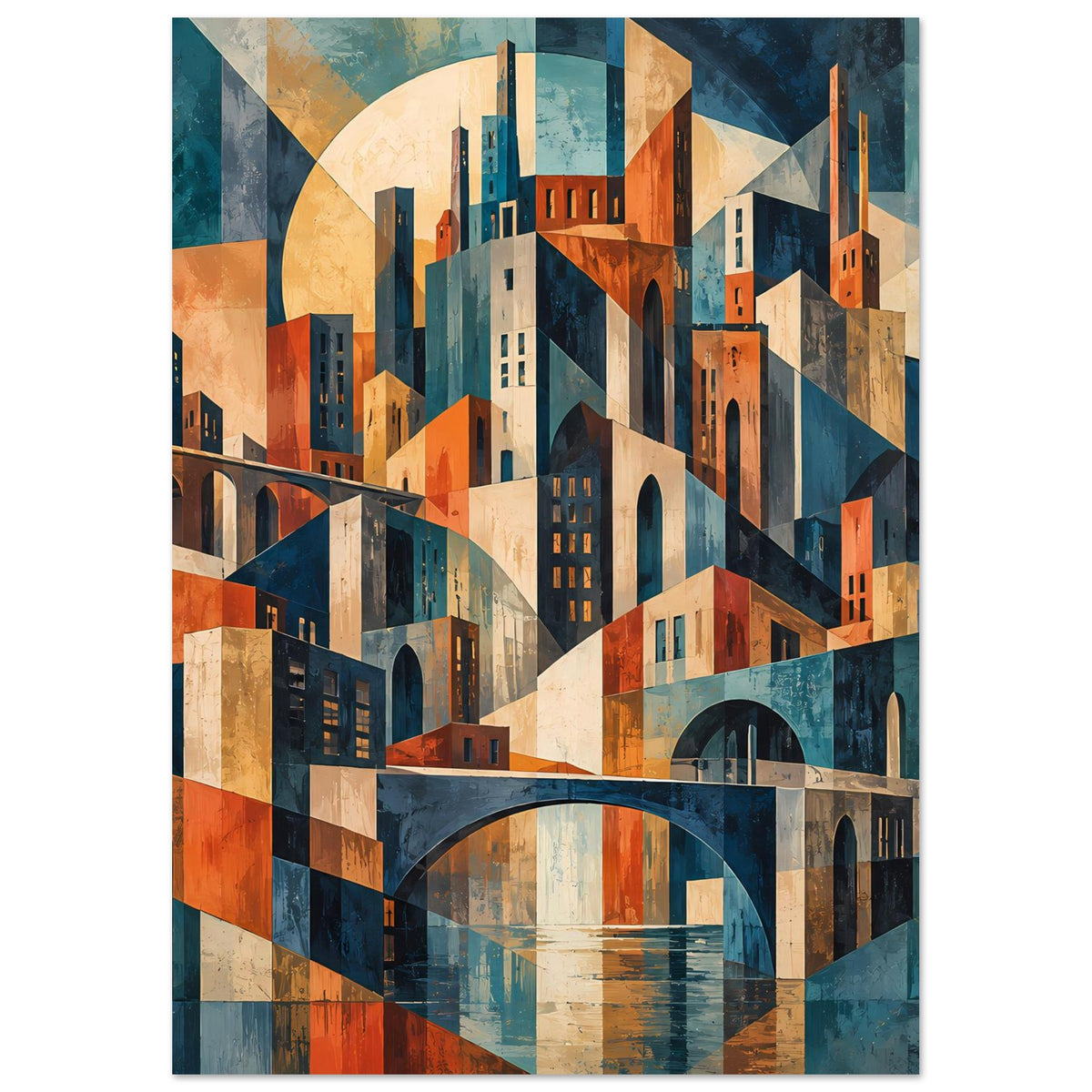 Geometrisches Stadtpanorama-Poster: Bogenbrücke über Wasser, Hochhäuser in warmen Erdtönen