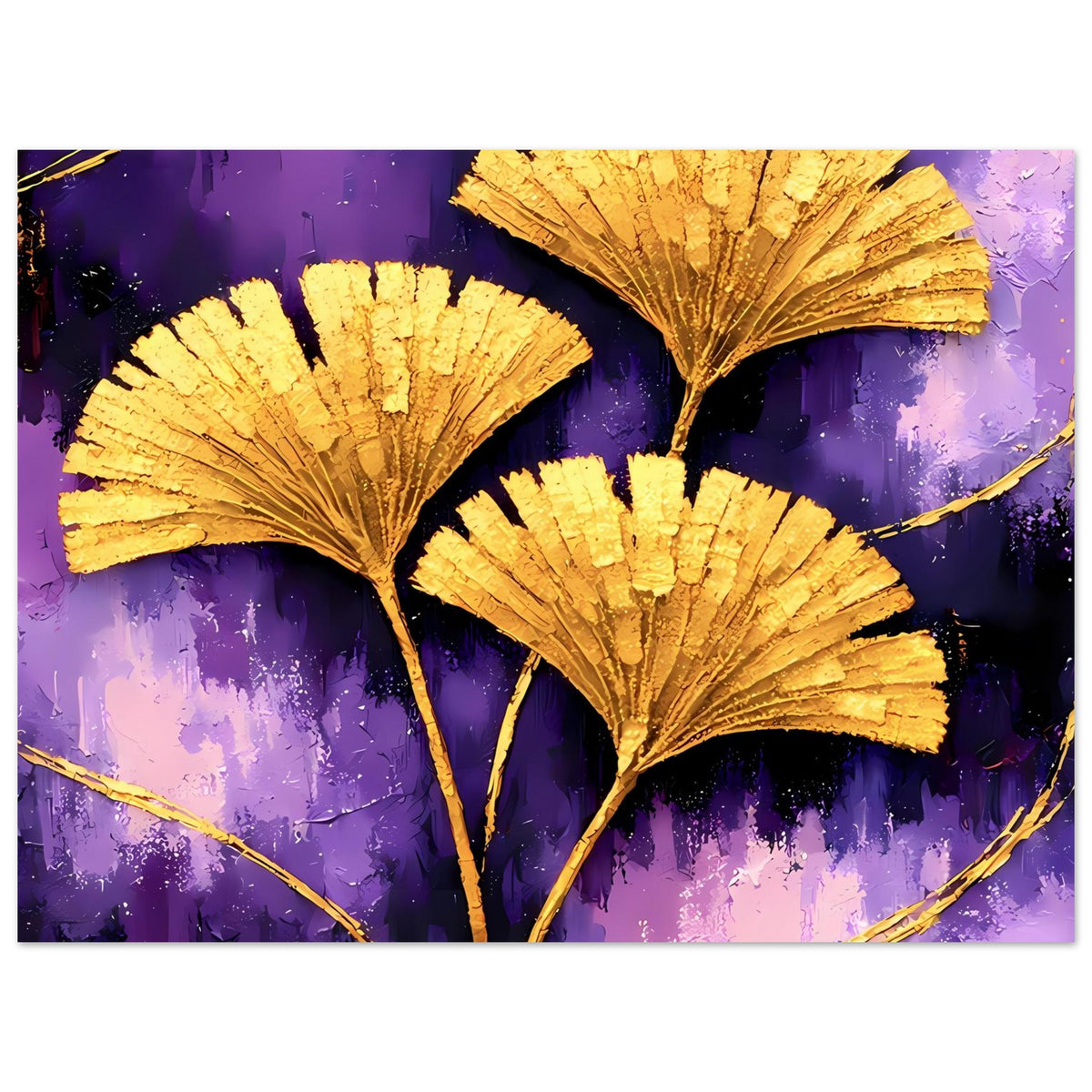 Ginkgo-Poster, dichter Ausschnitt: goldene Blätter über violettem Farbverlauf