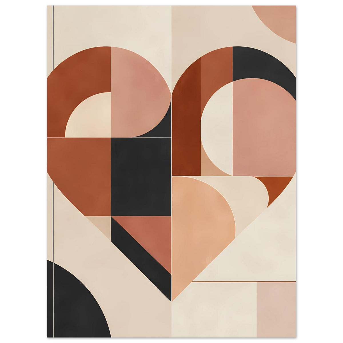 Poster: geometrisches Herz in Terrakotta und Rosa mit schwarzen Formen und Umrisslinien