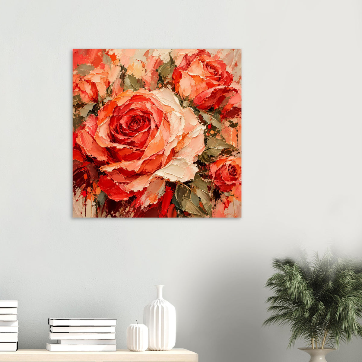 Kleines gerahmtes Poster mit Rosen in Rot und Creme, orangefarbene Akzente und Blätter