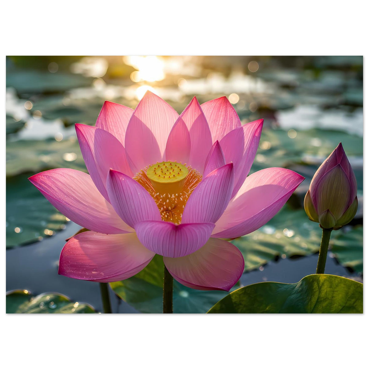 Lotusblüten-Poster mit rosa Blüte, gelbem Zentrum und grünen Blättern auf Wasser