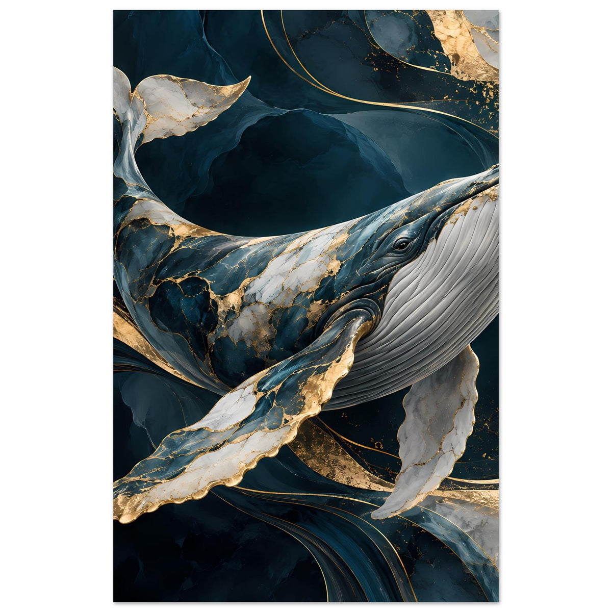 Walfisch-Poster im Hochformat: Wal mit blauen Schattierungen und goldenen Sprenkeln