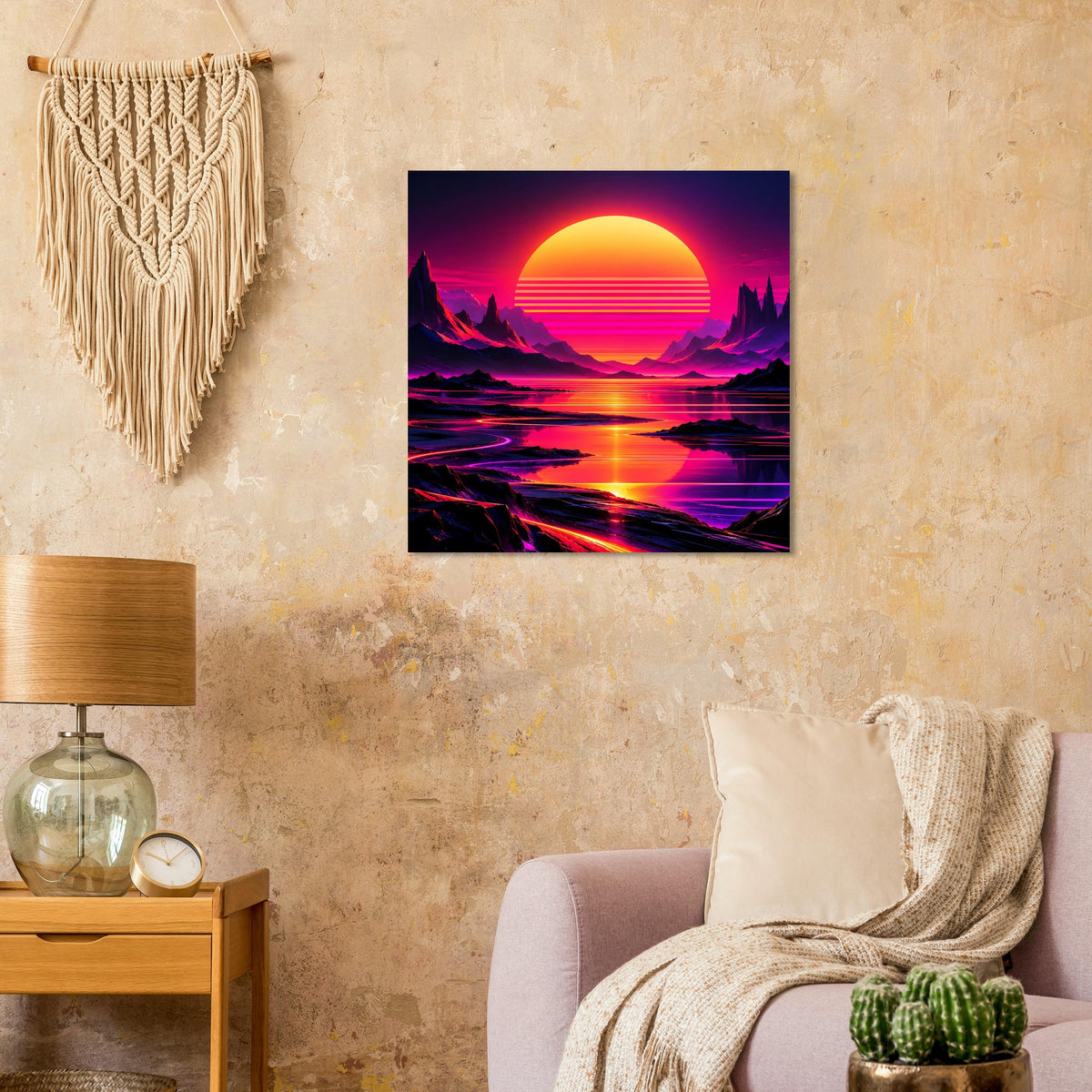 Quadratisches Neon-Poster mit großem orangefarbenem Sonnenball, Bergen und Wasser.