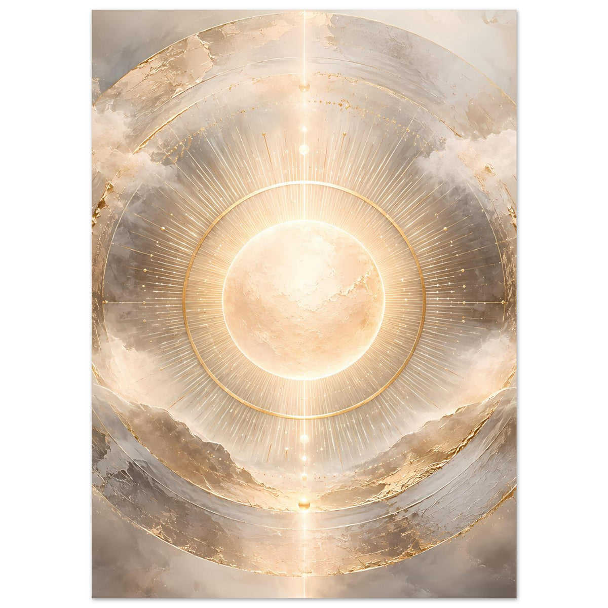 Kosmos-Poster im Hochformat: rundes Sonnenmotiv mit goldenen Ringen und Lichtspeichen
