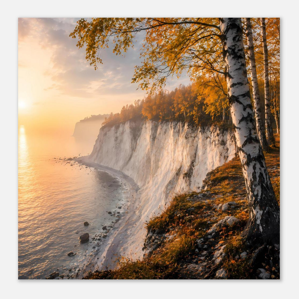 Horizontales Poster mit Klippenküste im Herbst: Felswand, Meer und Birken mit orangefarbenem Laub