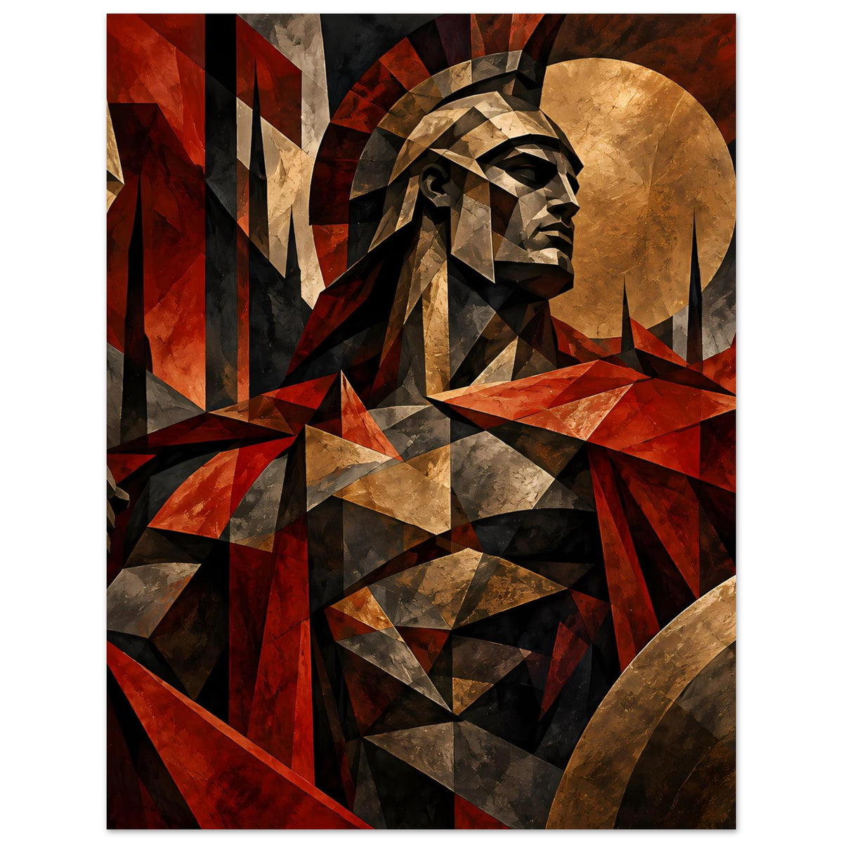 Spartaner-Krieger-Poster mit Betonung auf Helm und Gesicht, geometrische Flächen in Rot/Gold